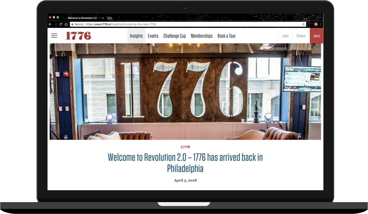 A mockup of a MacBook depicts the 1776 website. There's a photo of what looks like a living room - couches, a coffee table - with giant wood letters behind it that spell "1776." Beneath the photo is a headline that reads "Welcome to Revolution 2.0 - 1776 has arrived back in Philadelphia."